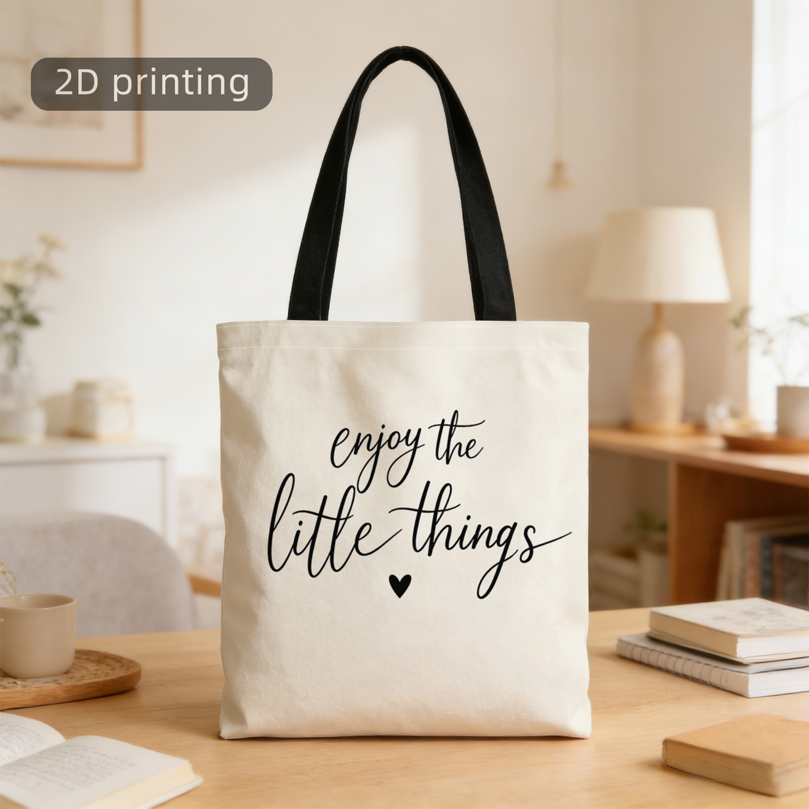 TEMU 1pc 2d Printed Tote Bag, Enjoy , Heart, Cursive Text, Motivational , Black And White., Reusable, Stylish Shoulder Bag, Tote Bag, Shopping Bag,