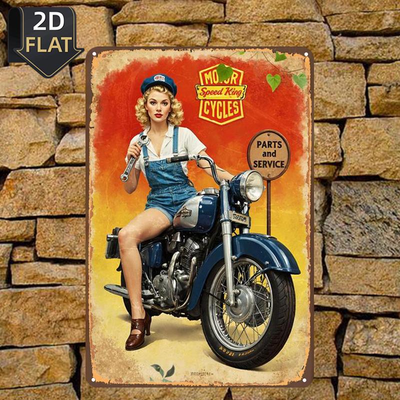 TEMU 2d Flat, 2d Flat 1pc, "retro Girl On Motorcycle: '' Shop' Service Sign", Metal Tin Sign, Size(8"x12"/20cm*30cm)decoratve