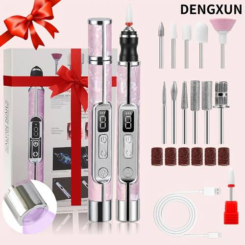 dengxun 2-in-1 elektrischer nagelfeile-stift mit eingebauter lampe, maniküre-werkzeug zum , formen, entfernen von gellack, mehrere aufsätze, tragbares diy-nagelkunst-set