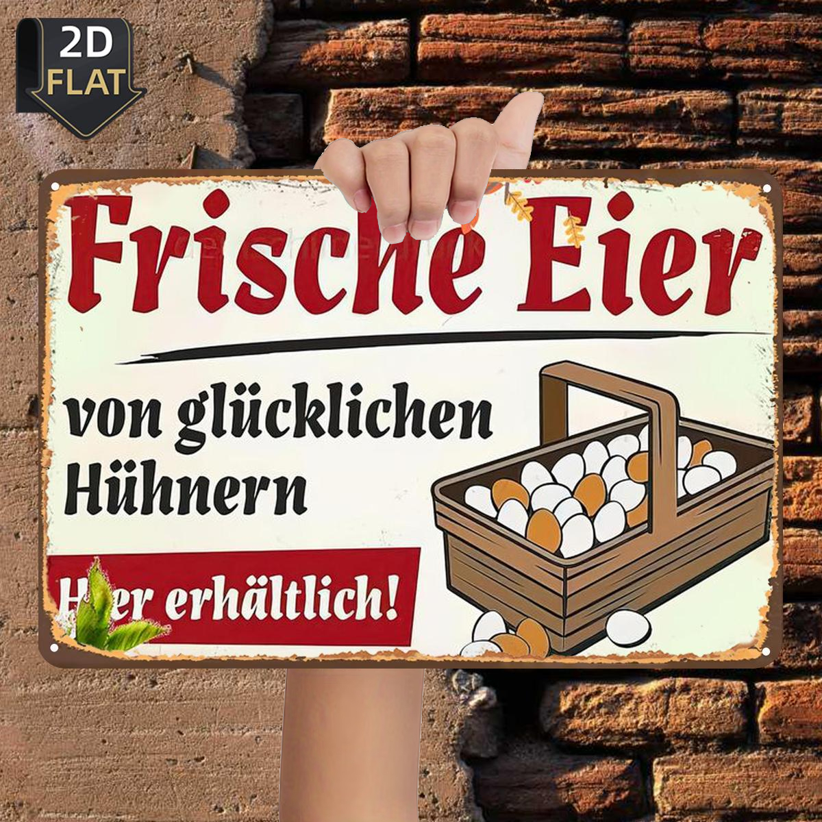 TEMU 2D-Flach, 2D-Flach ., Frische Eier von glücklichen Hühnern – erhältlich!, Metall-Blechschild, Größe (8"x12"/20cm*30cm), dekorative