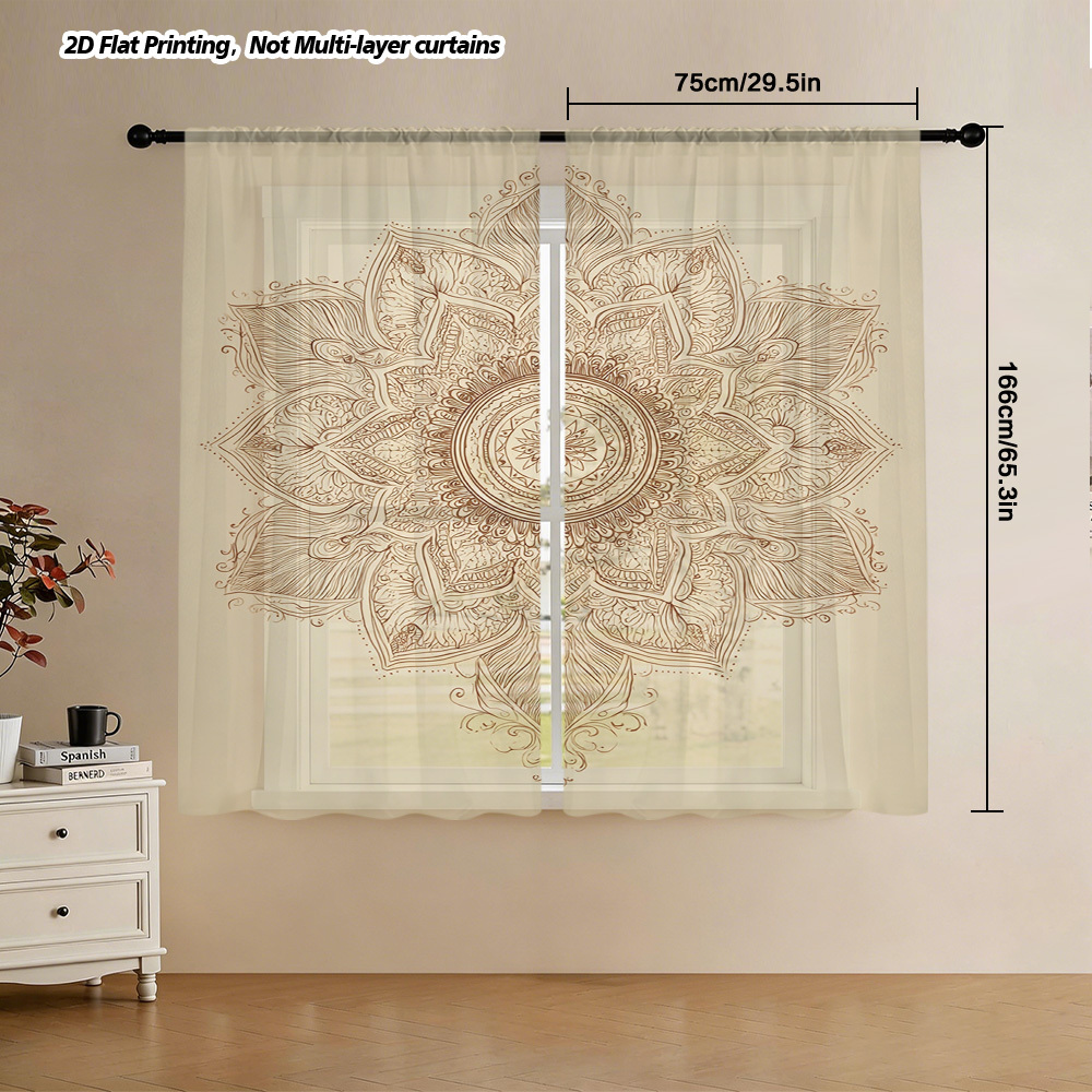TEMU Cortinas de ventana modernas con mandala, 2 paneles planos 2D, adecuadas para , paneles semitransparentes con bolsillo para barra y estampado