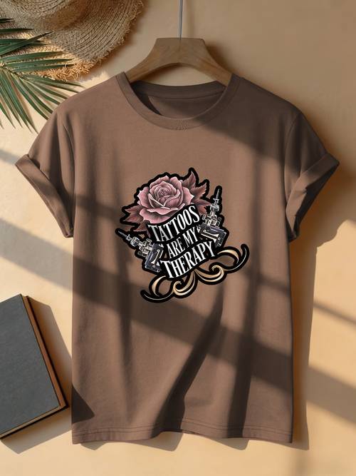 Artikelbild damen kurzarm-t-shirt mit einzigartigem design aufdruck, mit rosen-tätowiermaschine „tattoos are “-grafik. lockerer sommerstil, oberteil