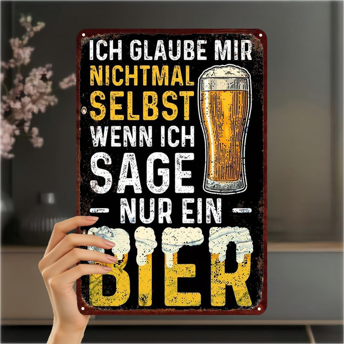 TEMU 2D-Flach, 2D-Flach ., „Nur ein Bier – Lustiges deutsches Bierzitat Metallschild Kunstdekor“, 8×12 Zoll, 2D-Flach