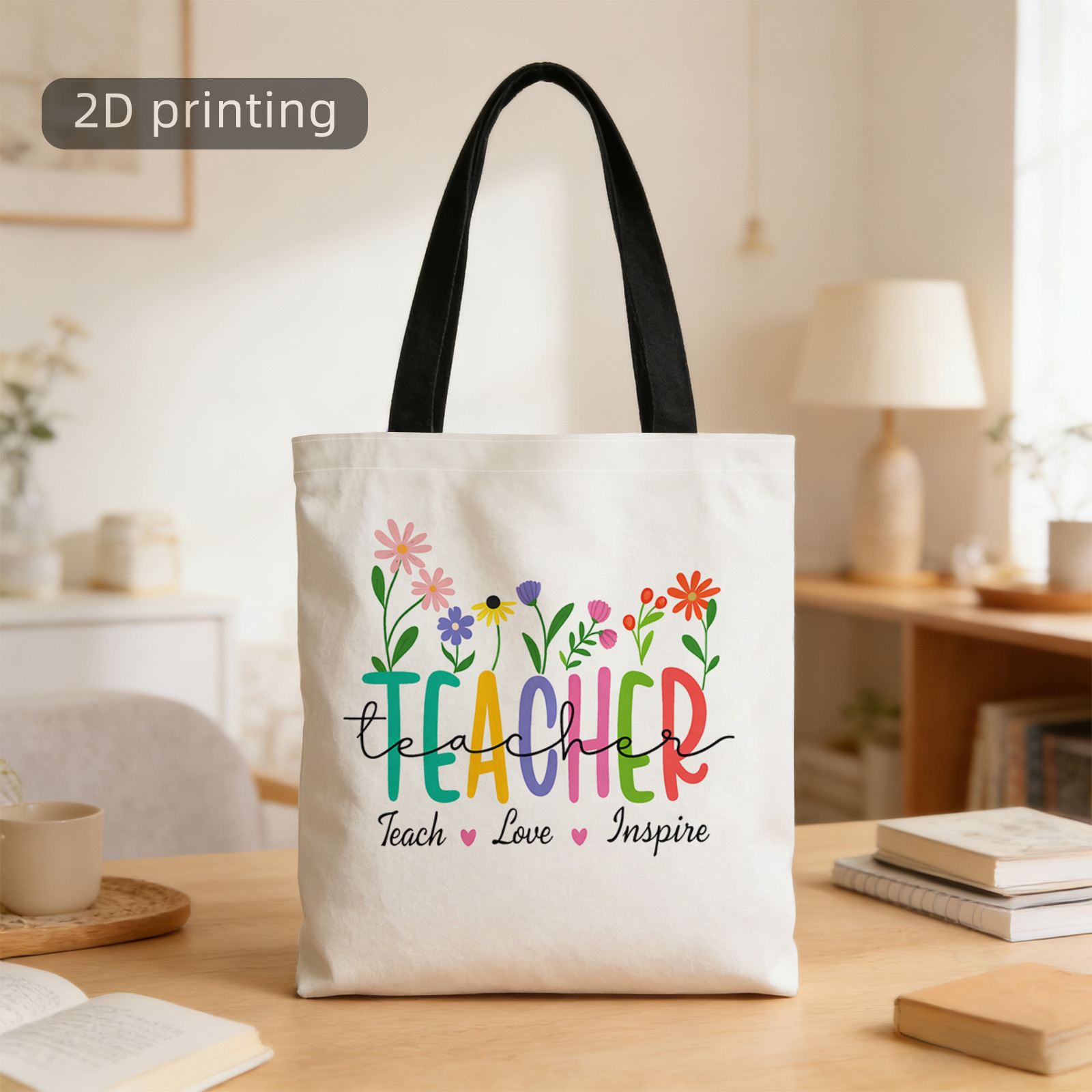 TEMU 1pc 2d Printed Tote Bag, Teacher, Teach, Love, , Flowers, Reusable, Stylish Shoulder Bag, Tote Bag, Shopping Bag, Suitable For Shopping, Office,