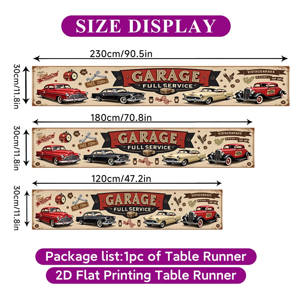 TEMU Chemin de table plat 2D à imprimé 1pc, Housse de table avec affiche de voitures vintage, Chemin de table rectangulaire en polyester, Décoration
