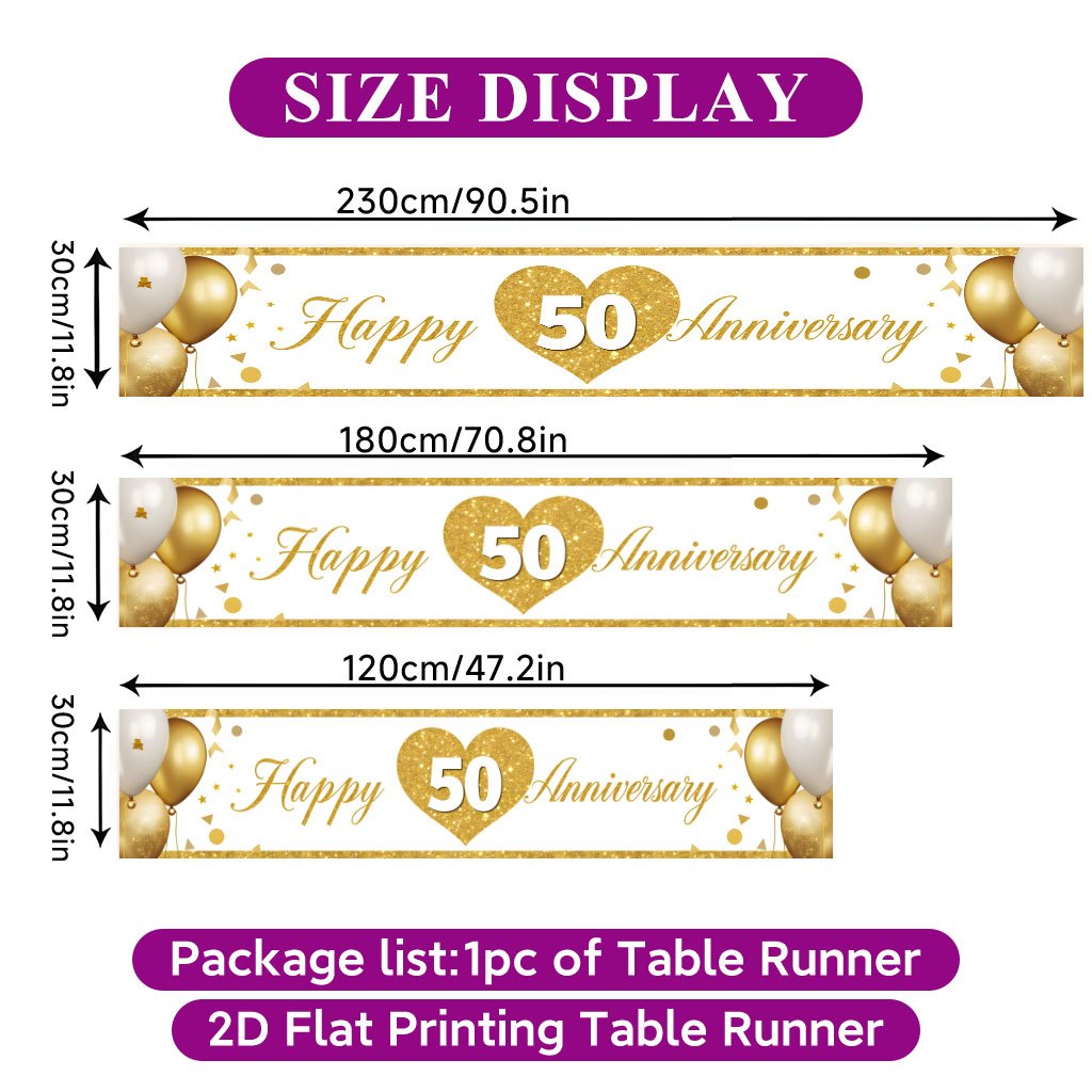 TEMU 1pc Golden Th Runner Suitable For Indoor/outdoor, Rectangular Polyester Table Cover With Golden Banner For 50th Decorations, Wedding,, For Home