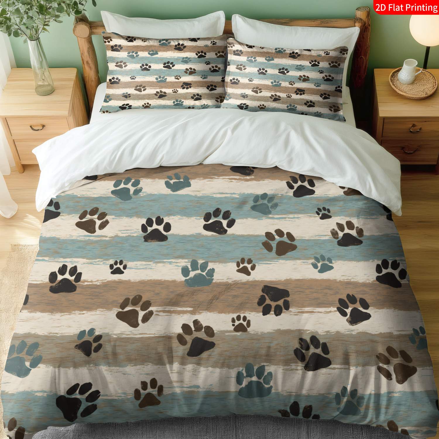 TEMU 2/3pcs 2d Flat Printing Theme Quilt Cover Bedding Beige Blue Brown Striped Paw Print Pattern Suitable For Bedroom Decoration (1 Duvet Cover And