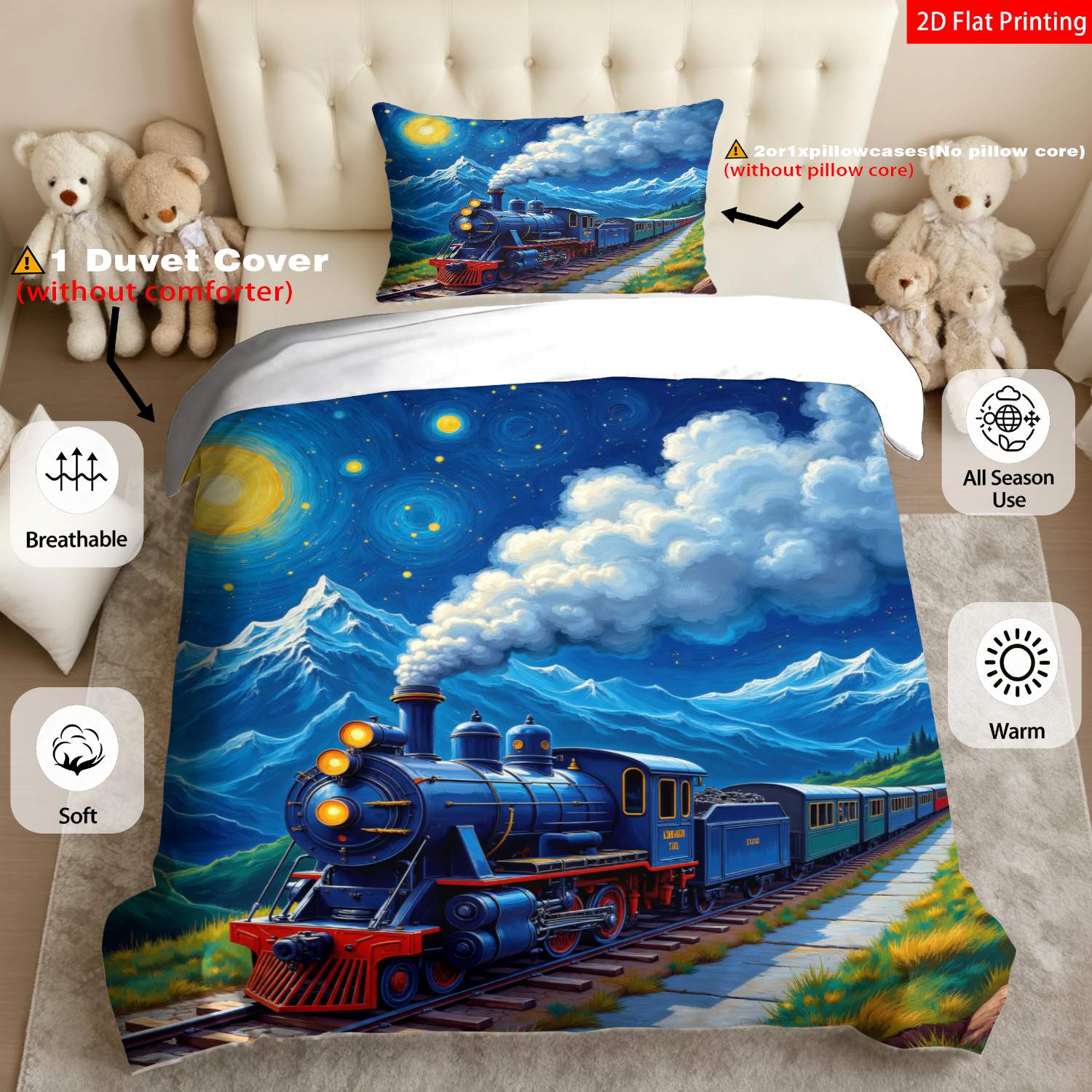 TEMU 2/3pcs 2d Flat Printing Vintage Artistic Quilt Cover Bedding Blue Red Yellow Steam Mountain Starry Suitable For Occasions(1 Duvet 1/2