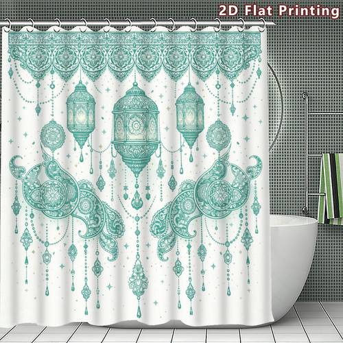 صورة العنصر ستارة حمام مسطحة ثنائية الأبعاد، قطعة واحدة، بتصميم مغربية وبيزلي باللون الأزرق المخضر، ديكور للحمام، خيارات مقاسات متعددة (80 سم، 120 سم، 150 سم، 180 سم، 180 سم، 240 سم) تشمل خطافات، إكسسوارات حمام، هدية عيد ميلاد، أفضل هدية للعائلة، مسطحة ثنائية الأبعاد