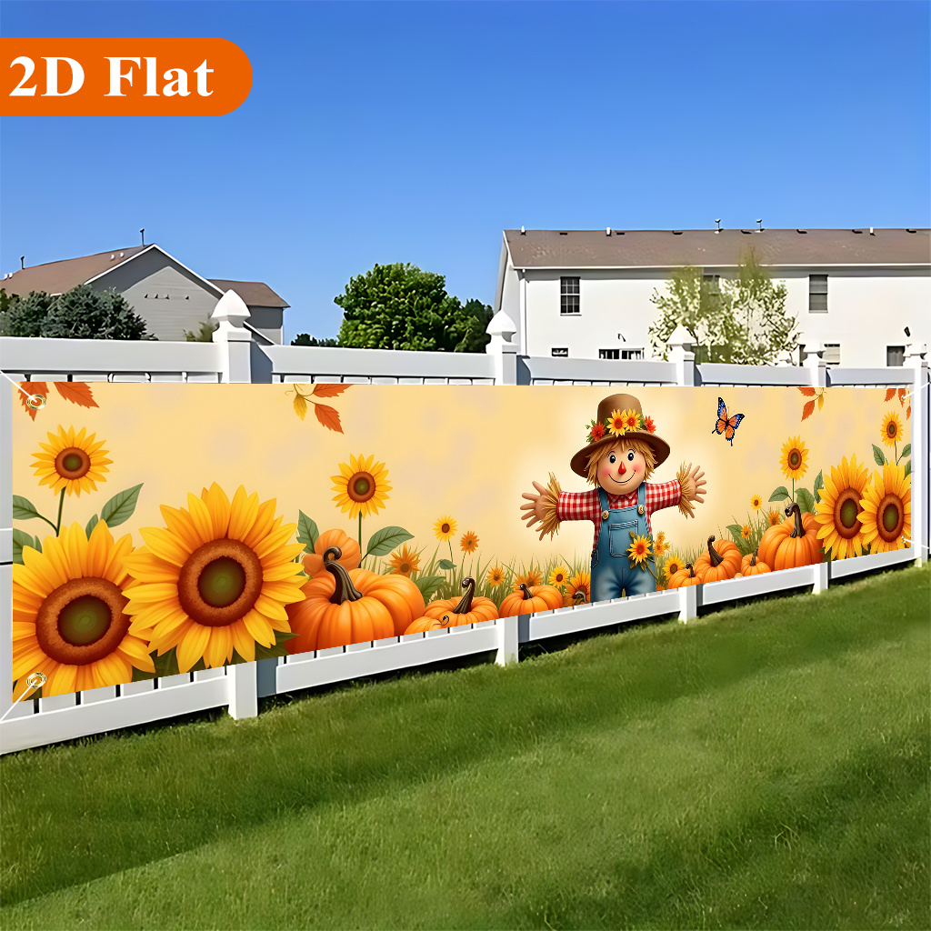 TEMU Striscione piatto 2D, 1 pz striscione piatto 2D, spaventapasseri zucca girasoli, striscione grande da giardino con bellissimo disegno a , per