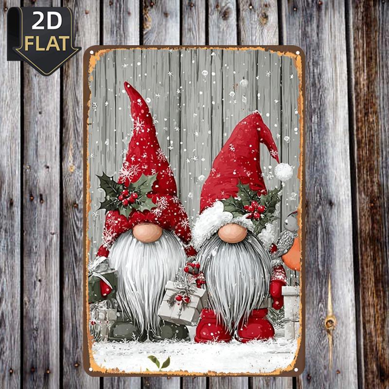 TEMU 2d Flat, 2d Flat 1pc, Gnomes In Festive Red Hats Amid Snowy Woodland Charm, Metal Sign, Size(8x12/20cm*30cm)decoratve