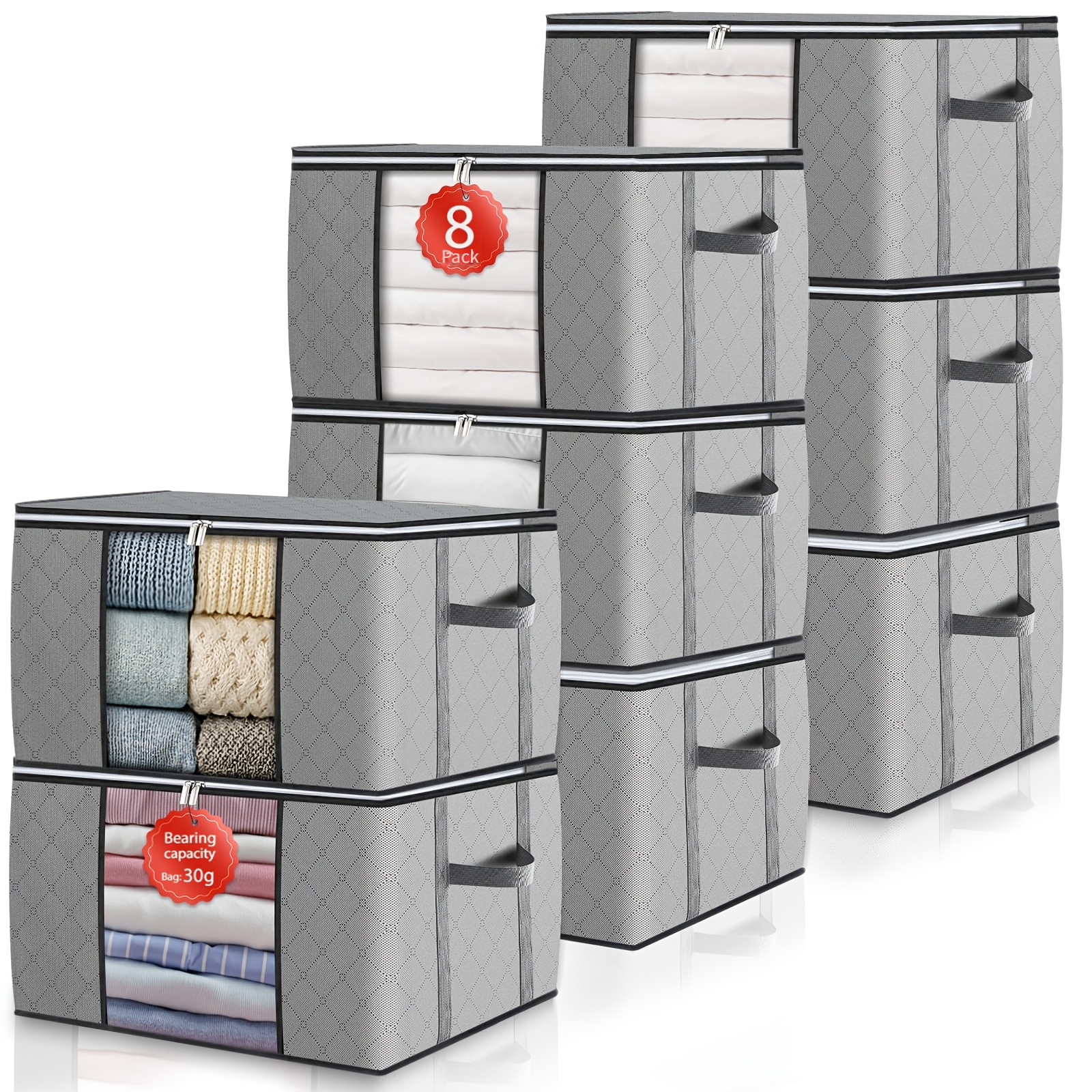 graue aufbewahrungsbox mit deckel, zur aufbewahrung von kleidung, decken und kissen, mit faltbarem design und verstärkten griffen, mit einem fassungsvermögen von 90 litern, unterbettaufbewahrung