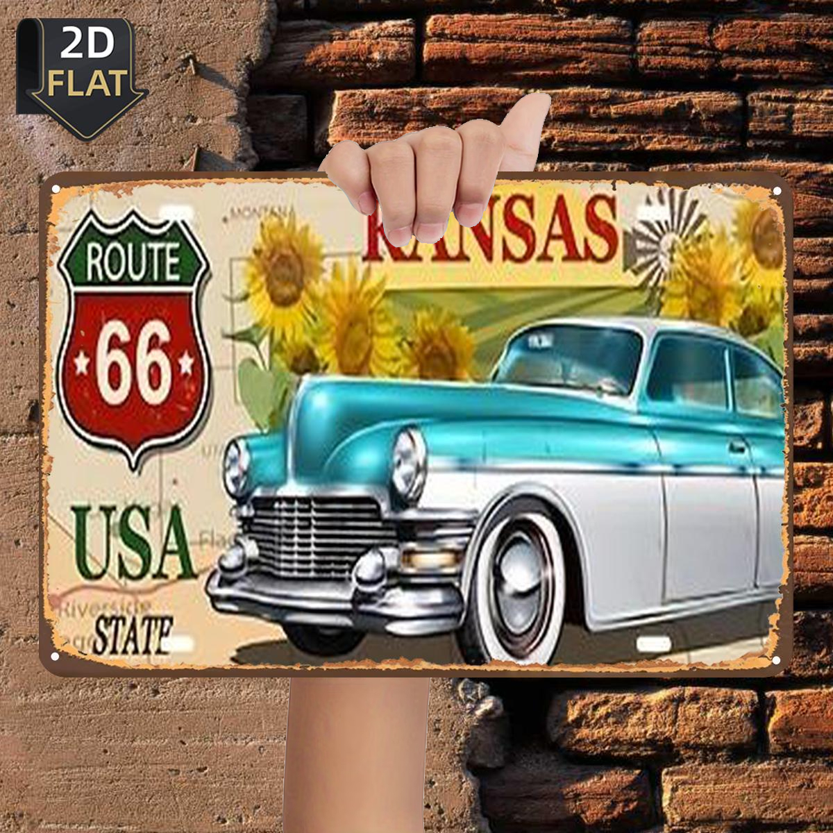 TEMU 2d Flat, 2d Flat 1pc,"classic Car Route 66in , Usa",metal Tin Sign,size(8"x12"/20cm*30cm)decoratve Paintings/room/restaurant/bar/door/garage