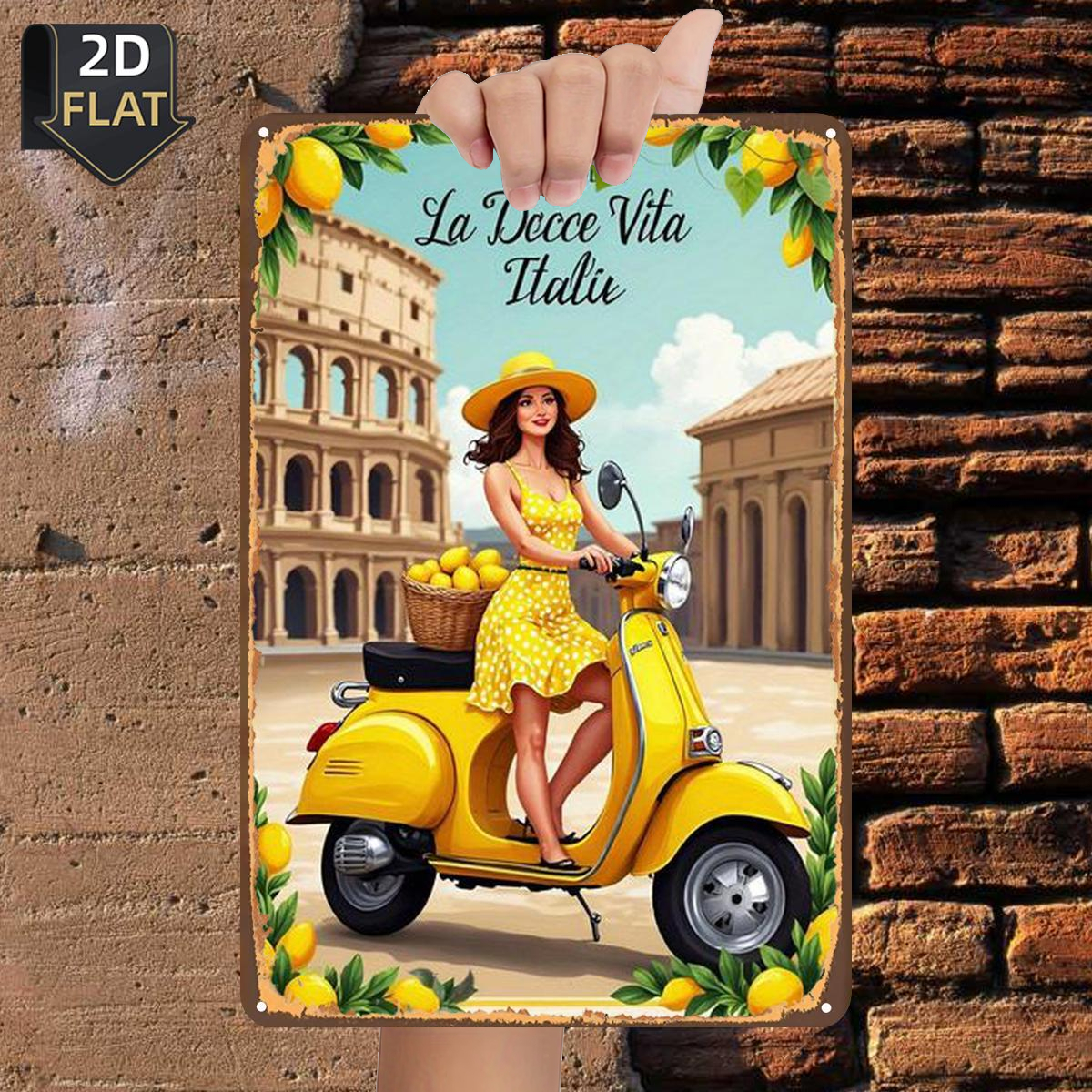 TEMU Plat 2D, 1 pièce, "La Vita : Une balade ensoleillée à travers l'Italie", Panneau en métal étain, taille (8"x12"/20cm*30cm), Peintures