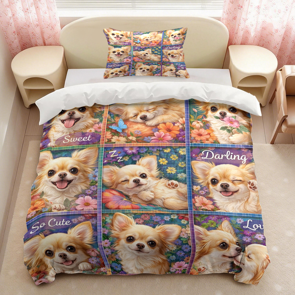 TEMU 2/3pcs Chihuahua With Flowers Themed Bedding Quilt Cover Duvet Cover, Trendy Lightweight Soft Bedding (1*duvet Cover And 1/2*pillowcases) With