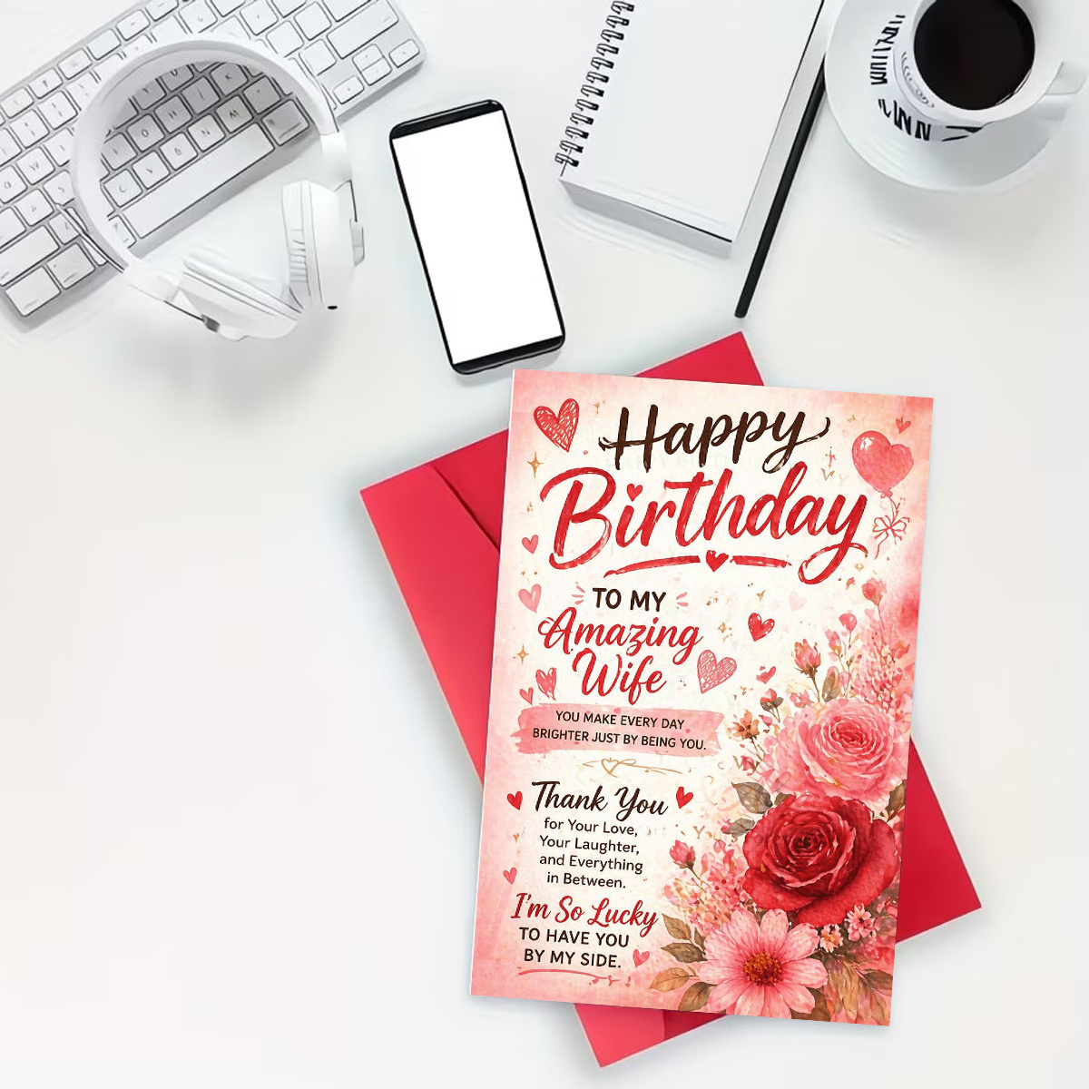 TEMU 1 Set (an Envelope And A Card) Happy Birthday Wife Card, "happy Birthday To Wife, You Make Day ," Pink Rose And , Wife, High-quality Paper, Red