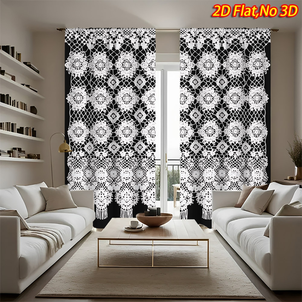 TEMU 2d Flat, 2pcs 2d Flat Printing Lace Pattern Curtains, New Arrival, 100% Polyester Machine Washable Decorative Curtains, Privacy Window Design,