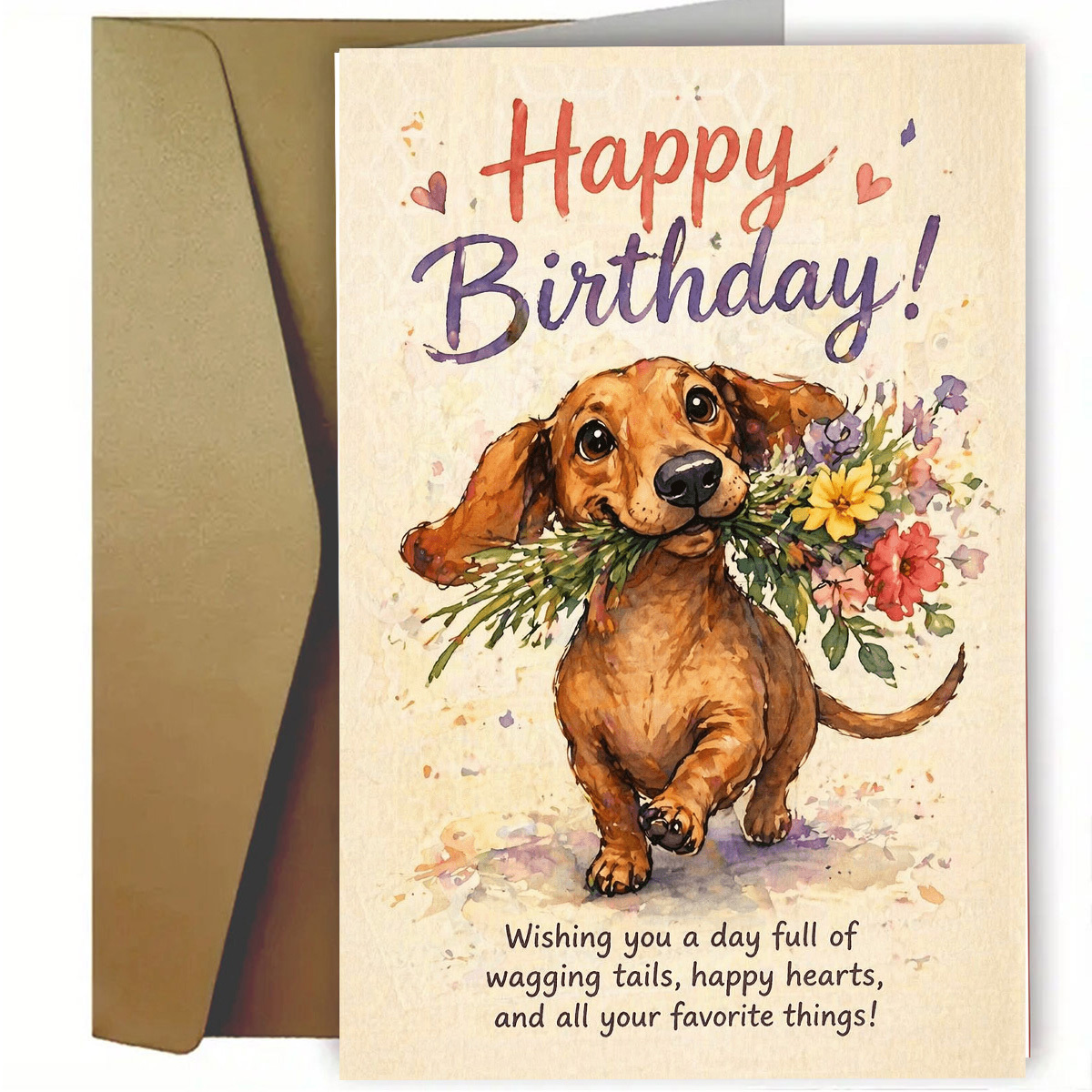 TEMU 1set Watercolor Dachshund Happy Birthday Card | "happy Birthday! A Day Full Of Wagging Tails, , And All Your Things!" Dog Holding Flowers, Ideal