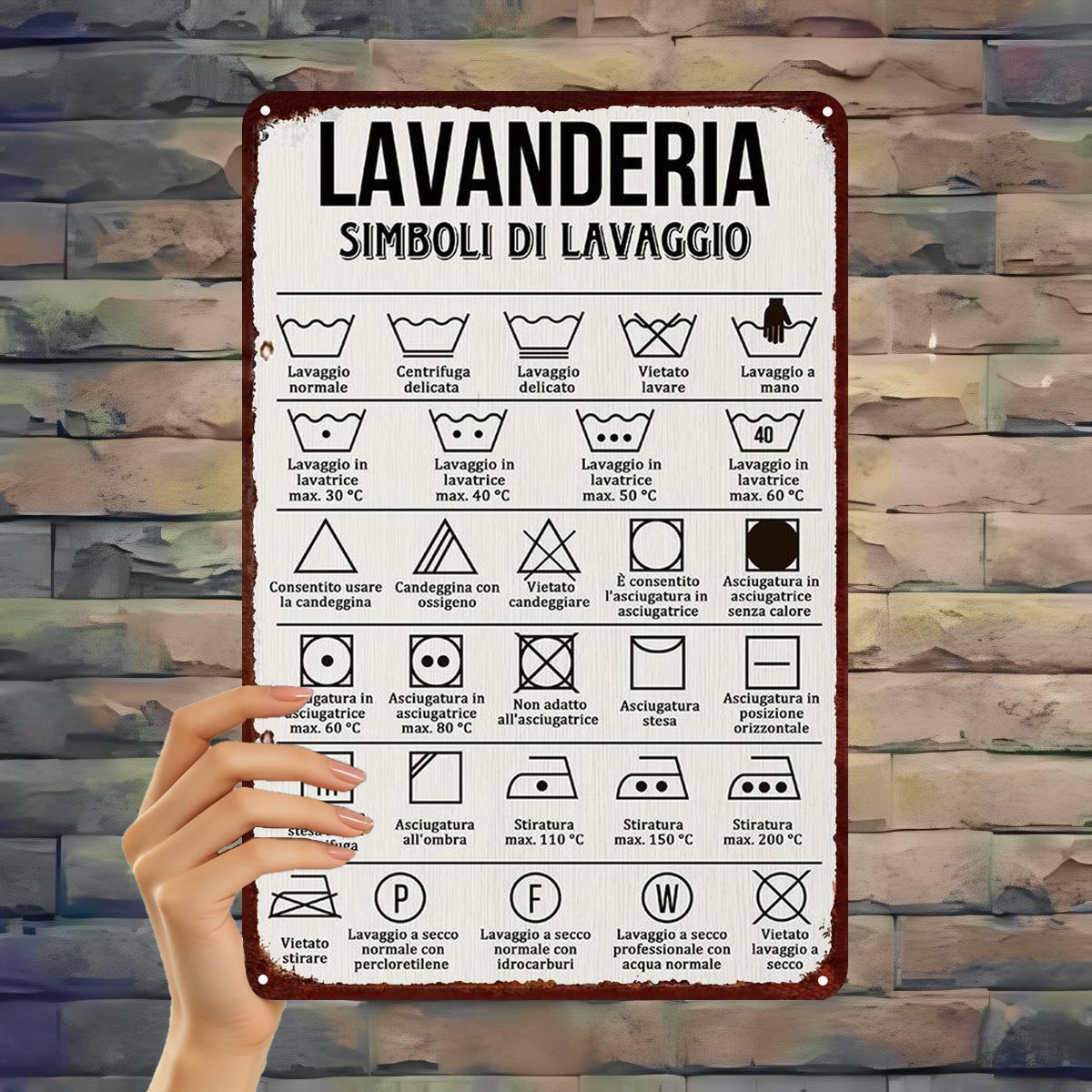 TEMU Piatto 2D, Piatto 2D 1 pz, Targa in Metallo con Lavanderia Vintage - Decorazione con Istruzioni di Lavaggio Italiane per Cucina, Bagno o