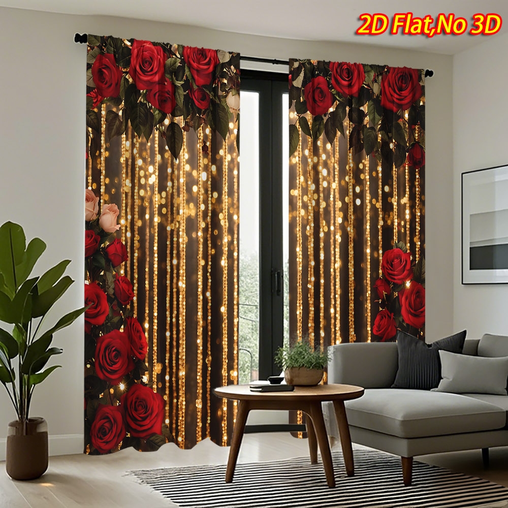 TEMU 2d Flat - 2d Flat - 2pcs 2d Flat Printing Red Rose And Golden Sequins Theme Curtain, Spring And Summer New Arrival, 100% Polyester Machine