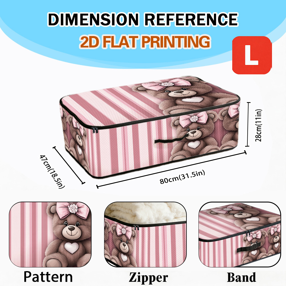 TEMU 1pc Fluffy Teddy Bear With Bow Printed Underbed Storage Box, Practical Storage Box, Compartment For Clothing, Quilts, Pillows, Bed Sheets And