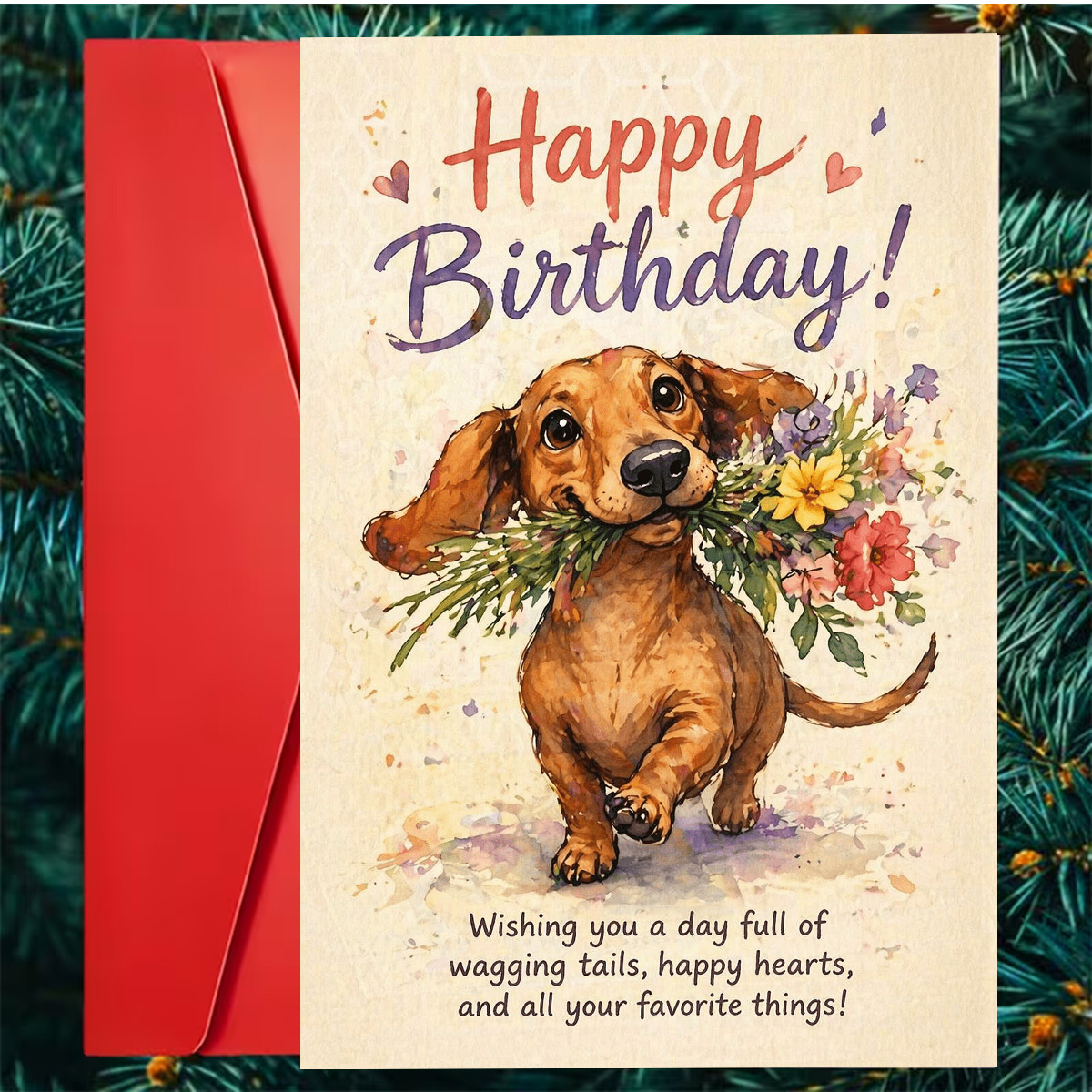 TEMU 1set Watercolor Dachshund Happy Birthday Card | "happy Birthday! A Day Full Of Wagging Tails, , And All Your Things!" Dog Holding Flowers, Ideal