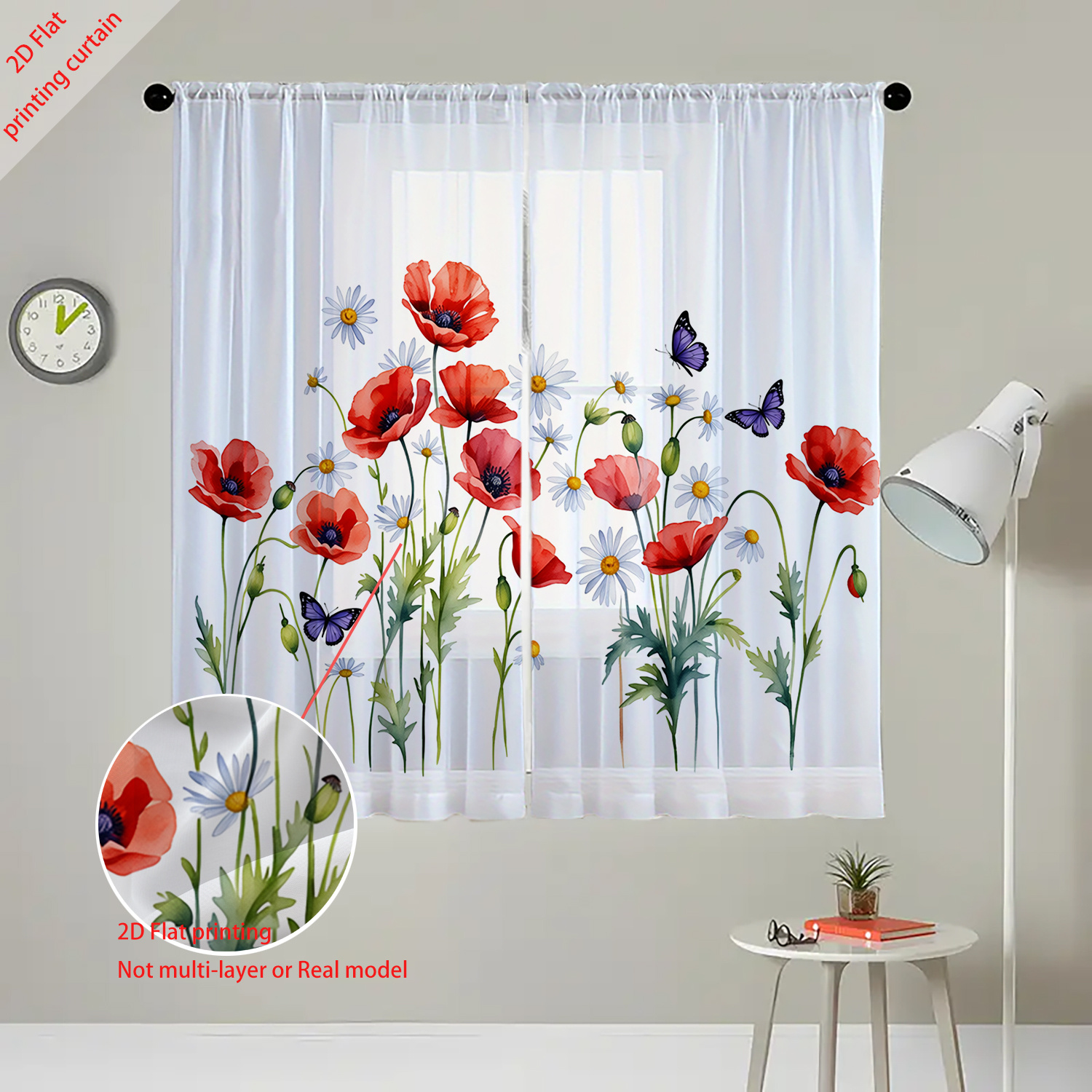 TEMU 2pcs Red Poppy Daisy Watercolor Decor Sheer Curtains, Simple Artistic Style Flowing Window Sheer Curtains, Suitable For Kitchen, Cafe,