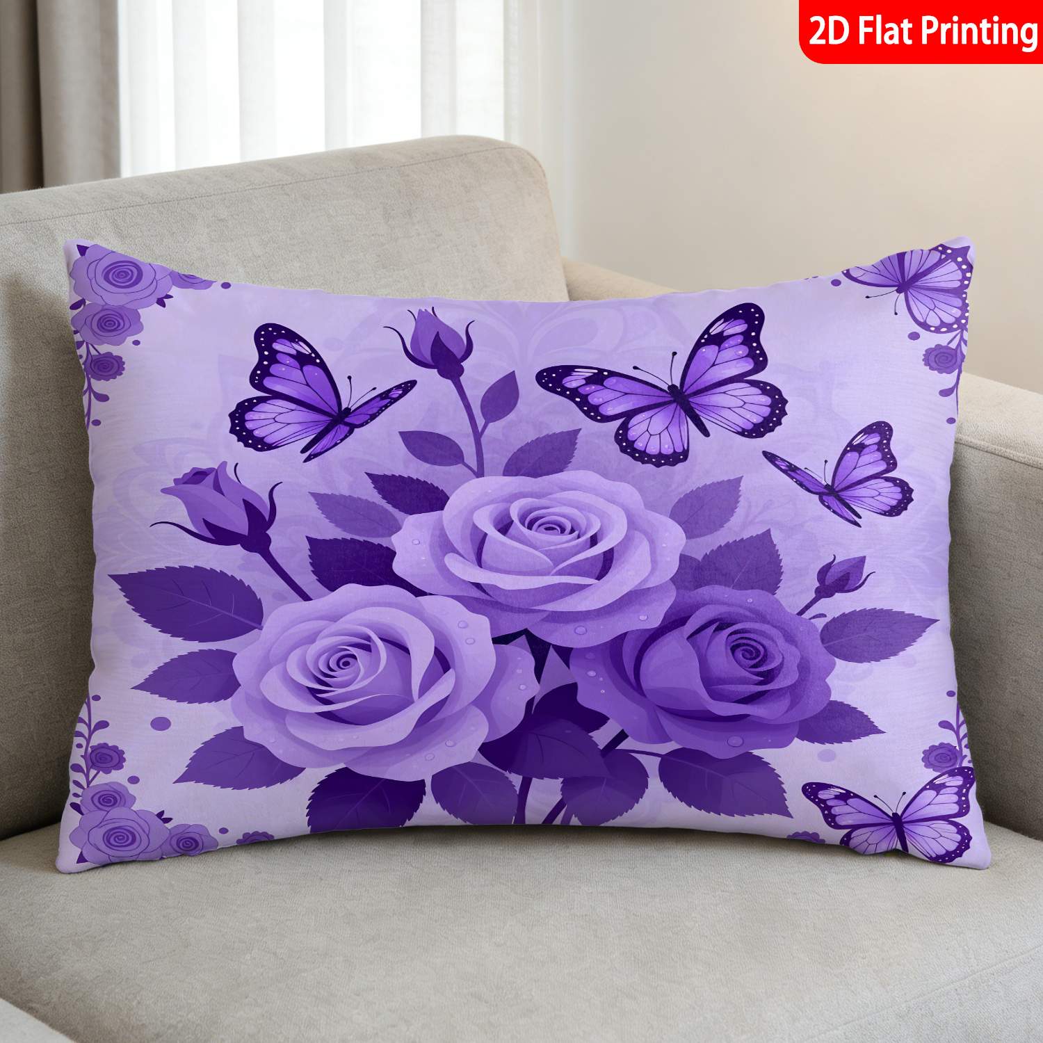 TEMU 1pc Pillowcase, (pillow Inserts Not Included) 2d Flat Print Purple Roses Butterflies Pattern, Ideal For Home Decoration, Stylish Pillow Covers