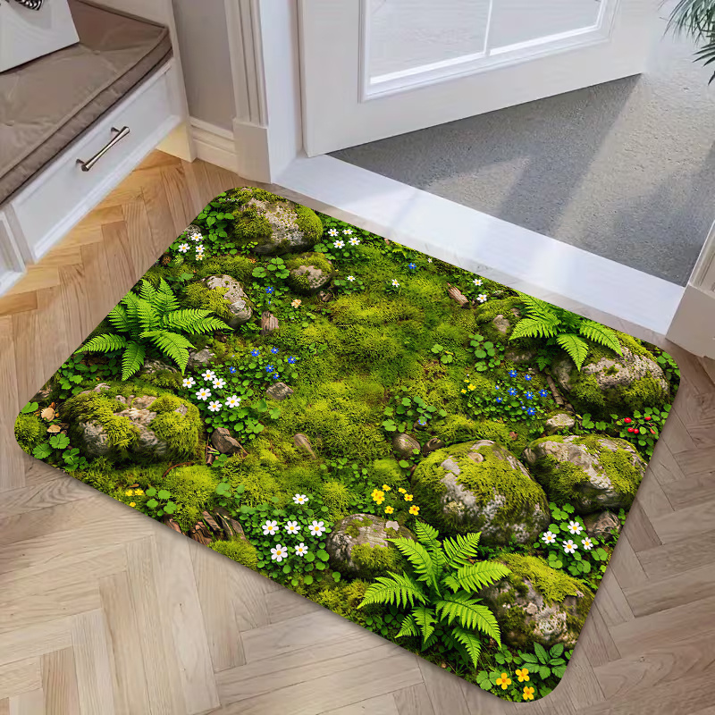 TEMU 1pc, 2d Flat Printing, Simulated Moss Green Plant Entrance Door Mat, Non-slip Machine Washable Easy-to-clean Polyester Carpet, Suitable For Home