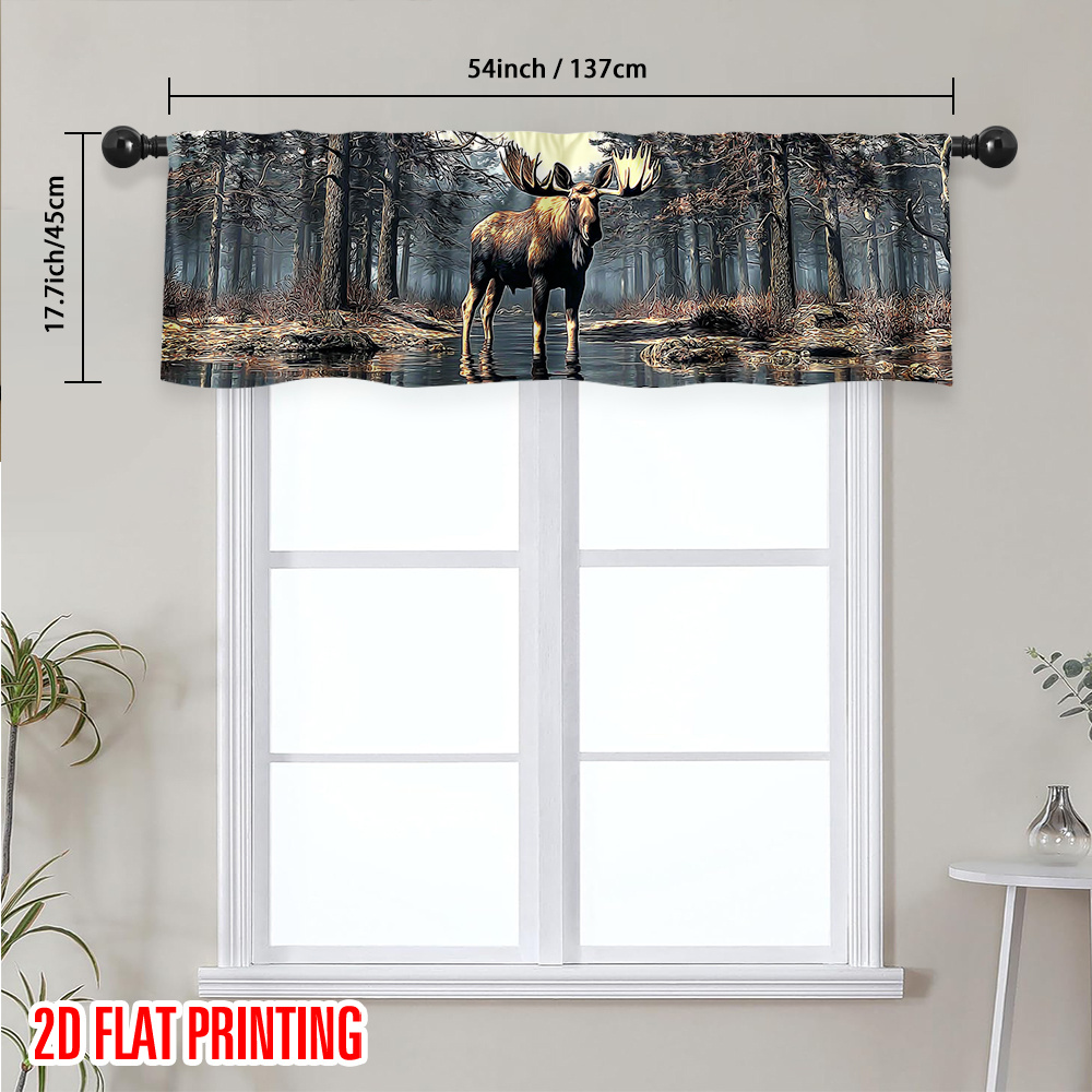 TEMU 2d Flat, 1 Panel Moose Standing In Forest Clearing Valance Curtain, Rod Pocket, Machine Washable For Cabin, , Living Room, Office - Rustic Cabin