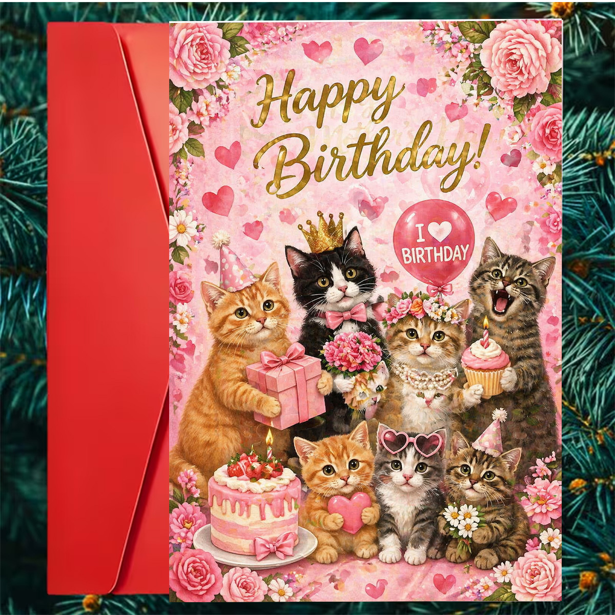 TEMU 1set (a Greeting Card And An Envelope). Pink Floral Kitten Birthday Card, Happy Birthday Text, Adorable Cats With Cake And Gift, Birthday