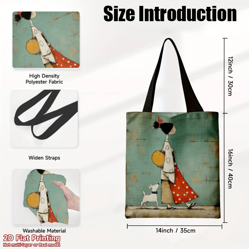 TEMU 1pc Stylish And Elegant Handbag, Large-capacity Shoulder Bag, Reusable And Multi-functional, Woman Walking With Pattern, Durable Polyester