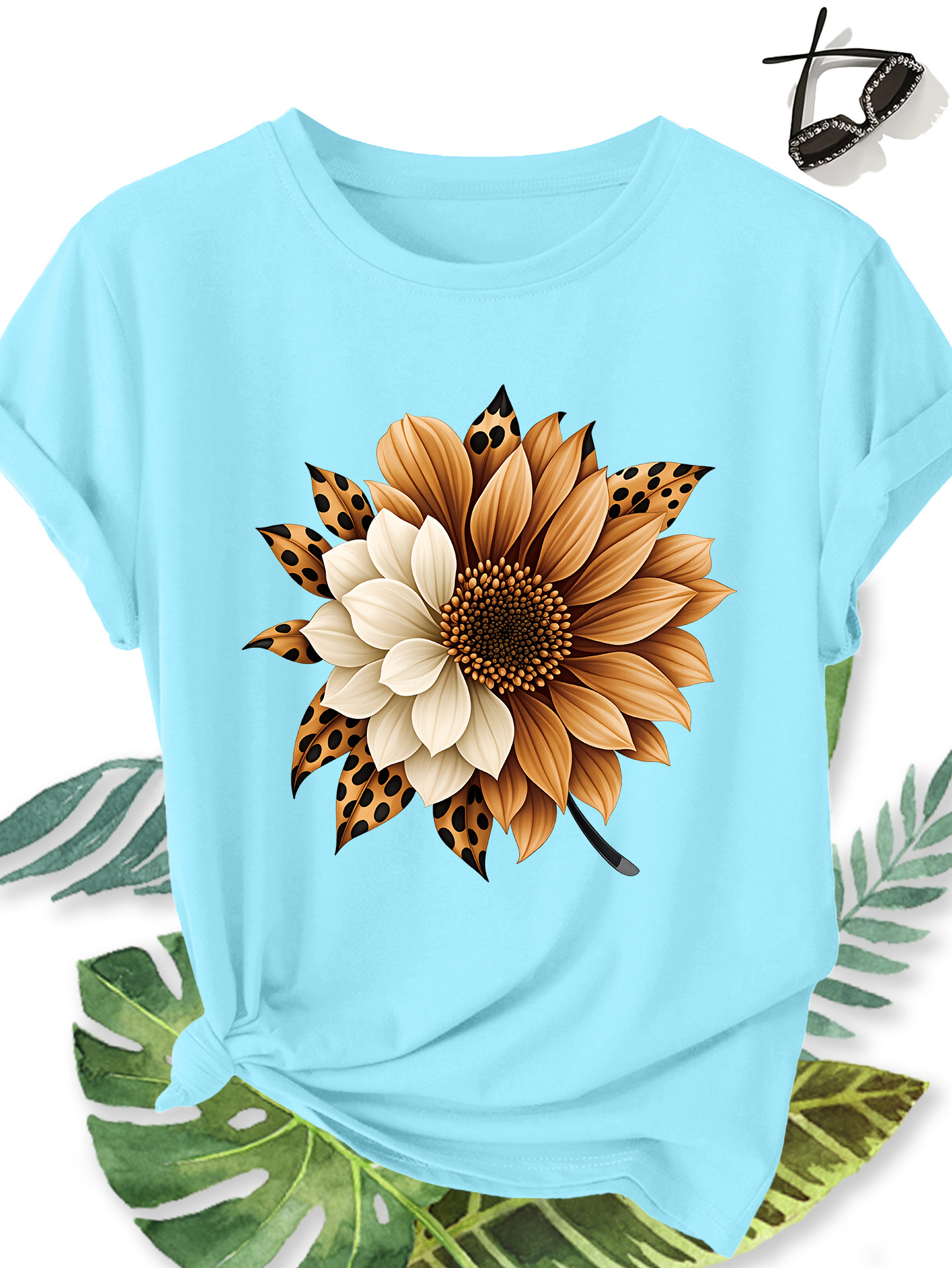 T-shirt Femme Tournesol — Motif Floral & Imprimé Léopard T-shirt Femme Élégant Grande Taille Manches Courtes, Motif Floral Tournesol et Imprimé Léopard, Col Rond Confortable Doux et Respirant, Nouvelle Collection Printemps Été, Cadeau Idéal, Haut Rétro Décontracté Tendance pour le Quotidien, les Voyages et les Trajets Domicile-Travail