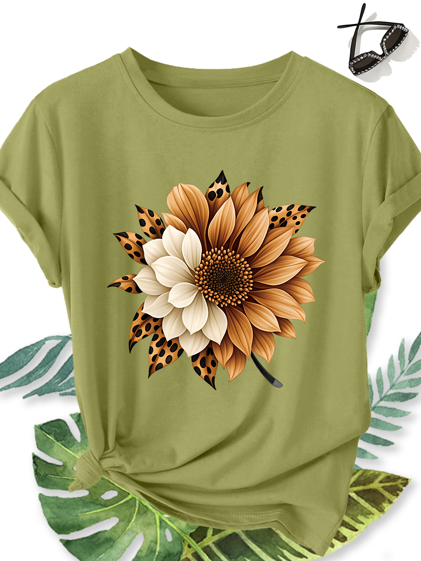 T-shirt Femme Tournesol — Motif Floral & Imprimé Léopard T-shirt Femme Élégant Grande Taille Manches Courtes, Motif Floral Tournesol et Imprimé Léopard, Col Rond Confortable Doux et Respirant, Nouvelle Collection Printemps Été, Cadeau Idéal, Haut Rétro Décontracté Tendance pour le Quotidien, les Voyages et les Trajets Domicile-Travail