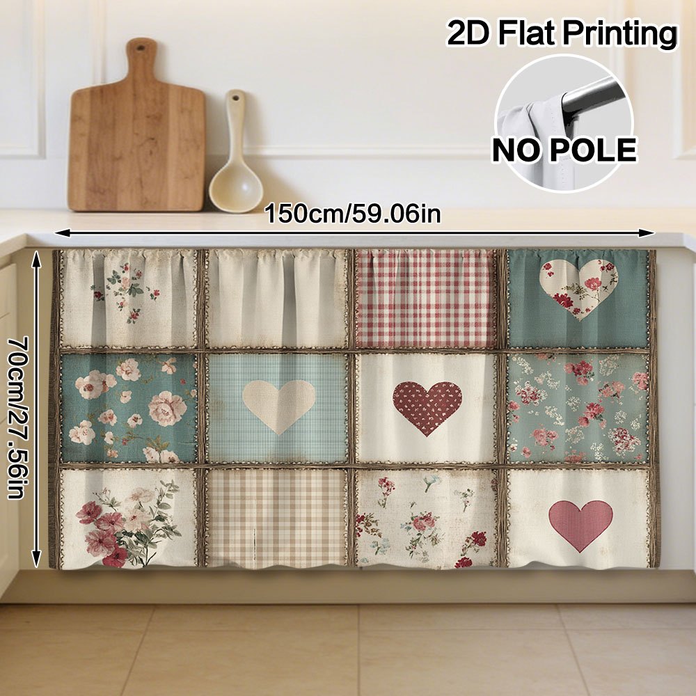 TEMU 2d Flat - 2d Flat - 2d Flat, 1pc Cabinet Curtain - Valentine's Floral Heart Quilt Pattern Convenient Hanging Design, , Washable, Suitable For
