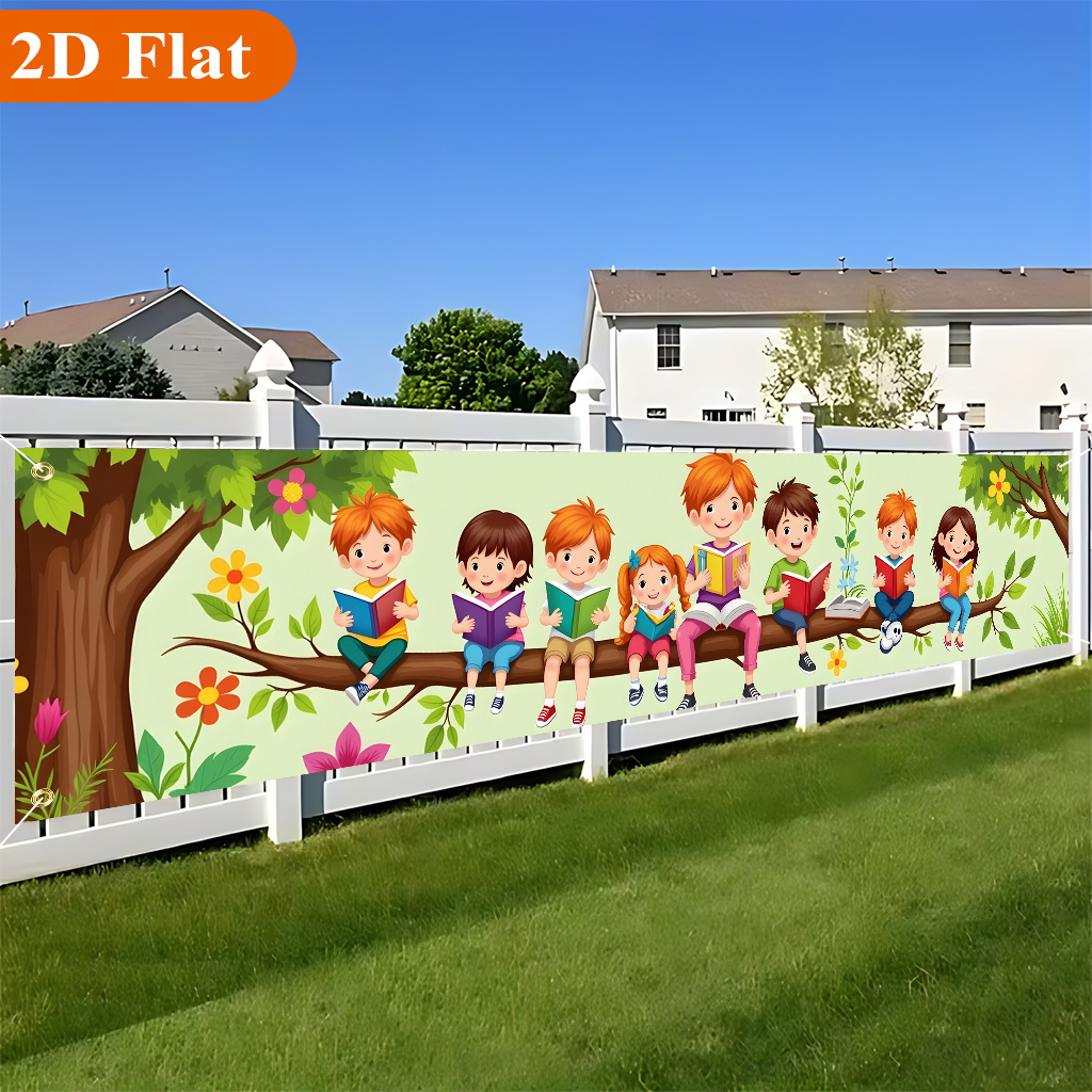 TEMU 2d Flat, 2d Flat - 2d Flat, 2d Flat - 2d Flat Banners 1pc, Children Reading On Tree, Beautiful Large Yard Banner, Birthday Party Anniversary