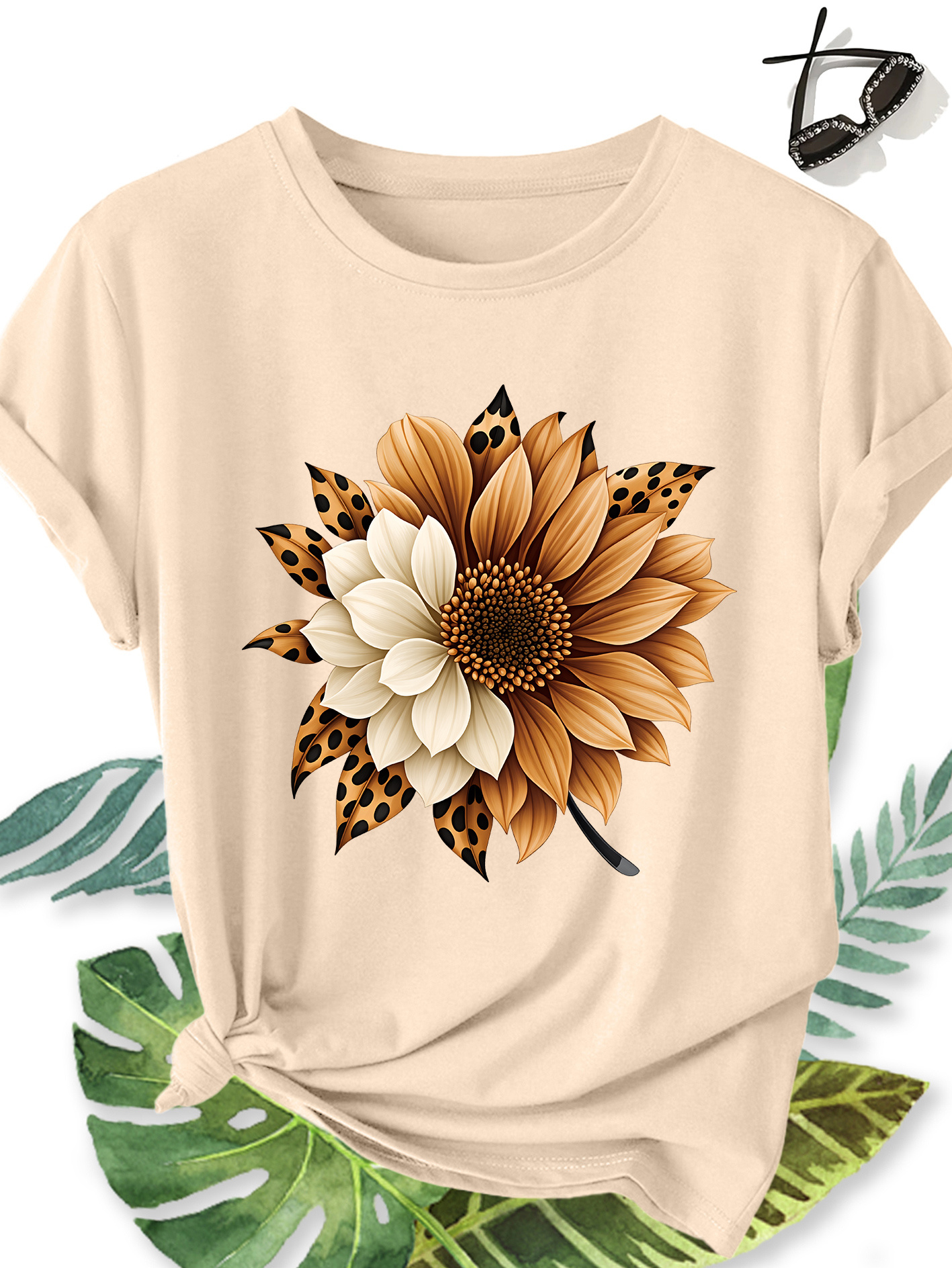 T-shirt Femme Tournesol — Motif Floral & Imprimé Léopard T-shirt Femme Élégant Grande Taille Manches Courtes, Motif Floral Tournesol et Imprimé Léopard, Col Rond Confortable Doux et Respirant, Nouvelle Collection Printemps Été, Cadeau Idéal, Haut Rétro Décontracté Tendance pour le Quotidien, les Voyages et les Trajets Domicile-Travail