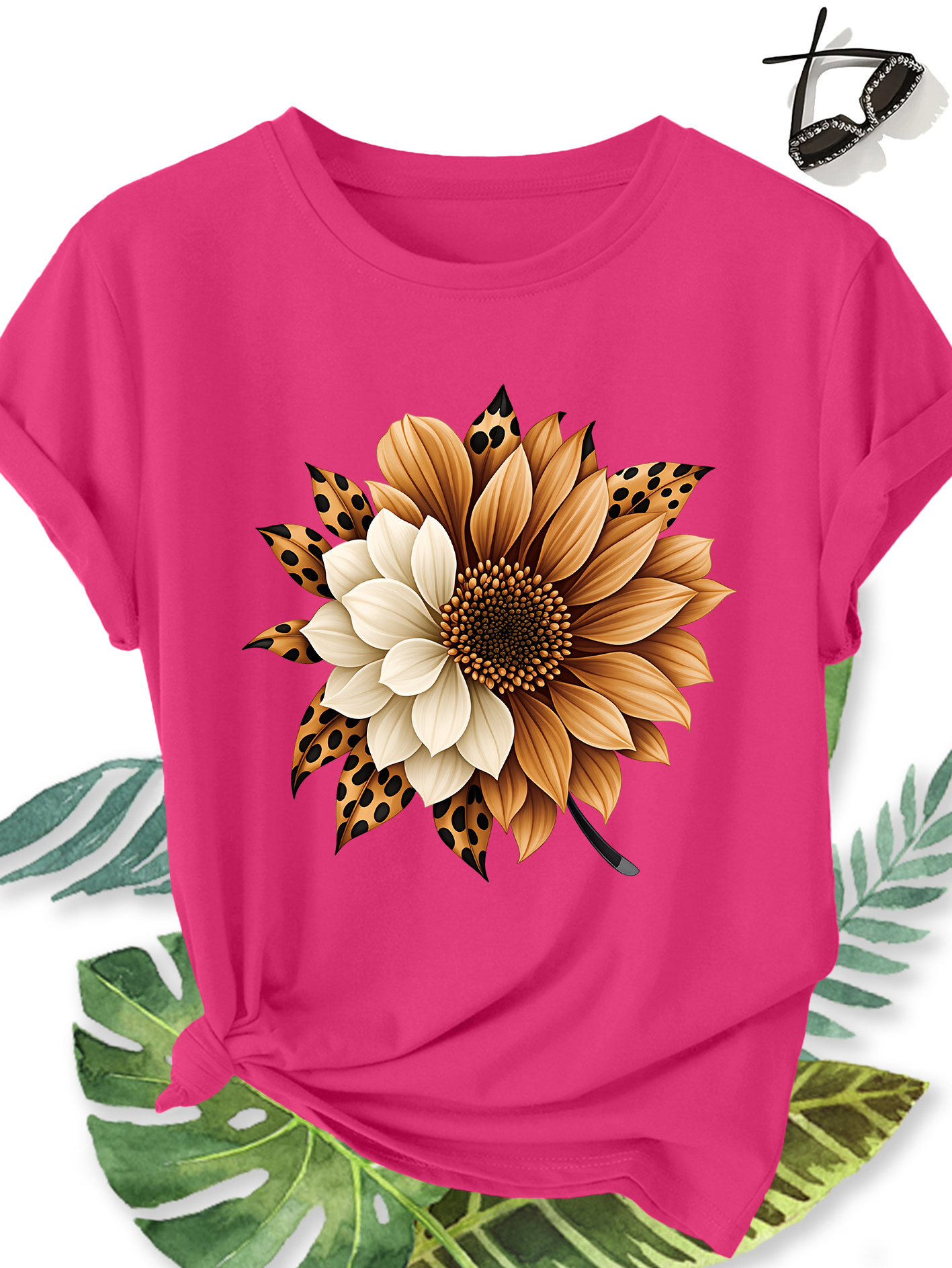 T-shirt Femme Tournesol — Motif Floral & Imprimé Léopard T-shirt Femme Élégant Grande Taille Manches Courtes, Motif Floral Tournesol et Imprimé Léopard, Col Rond Confortable Doux et Respirant, Nouvelle Collection Printemps Été, Cadeau Idéal, Haut Rétro Décontracté Tendance pour le Quotidien, les Voyages et les Trajets Domicile-Travail