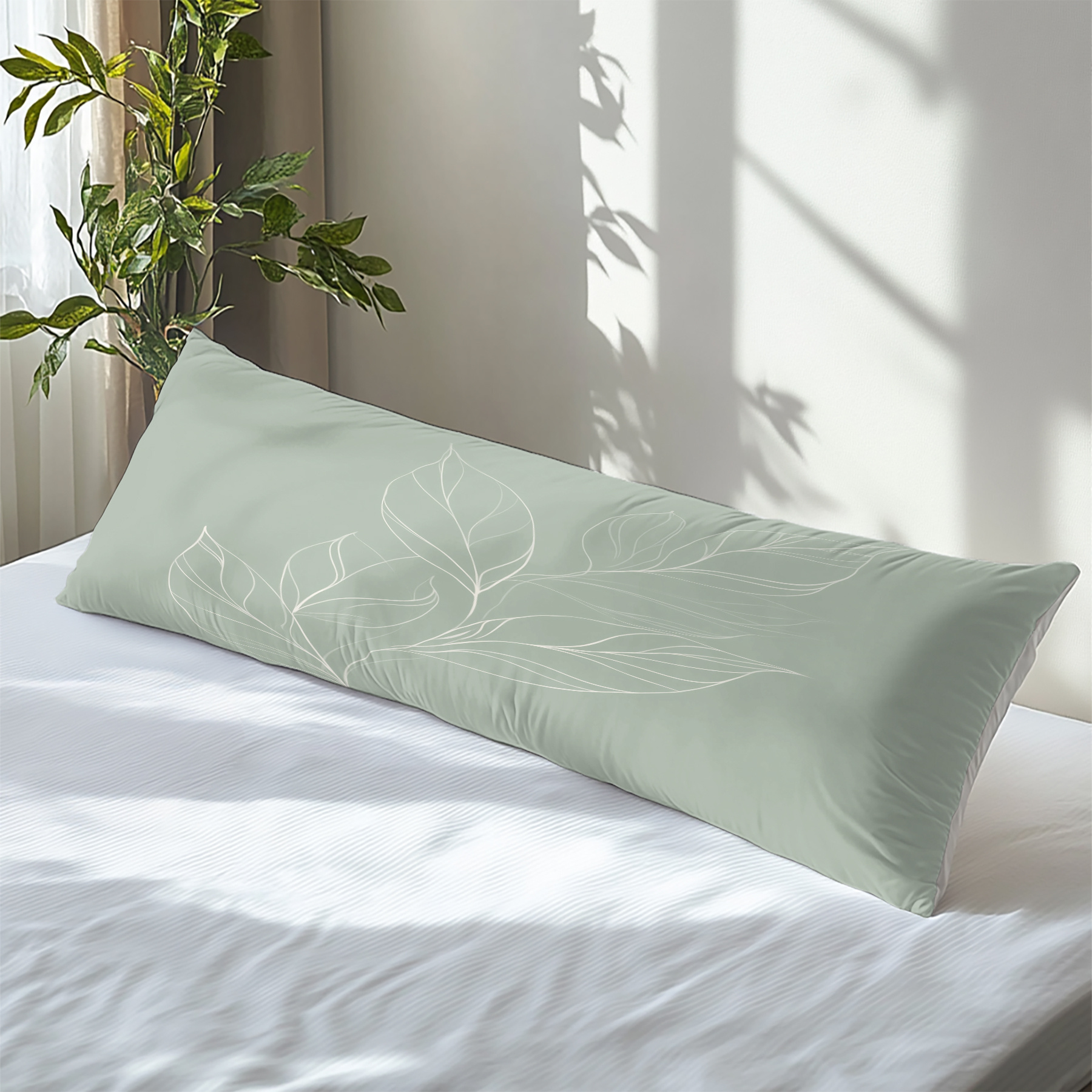 TEMU 1pc, Body Pillowcase, 2d Flat Pattern Printed Long Pillowcase With Sketching Leaves On Light Green Background, Elegant And Beautiful Art, Soft