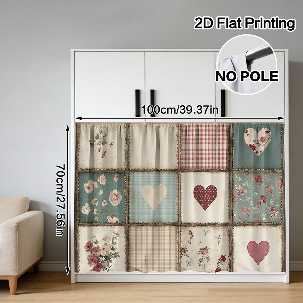 TEMU 2d Flat - 2d Flat - 2d Flat, 1pc Cabinet Curtain - Valentine's Floral Heart Quilt Pattern Convenient Hanging Design, , Washable, Suitable For