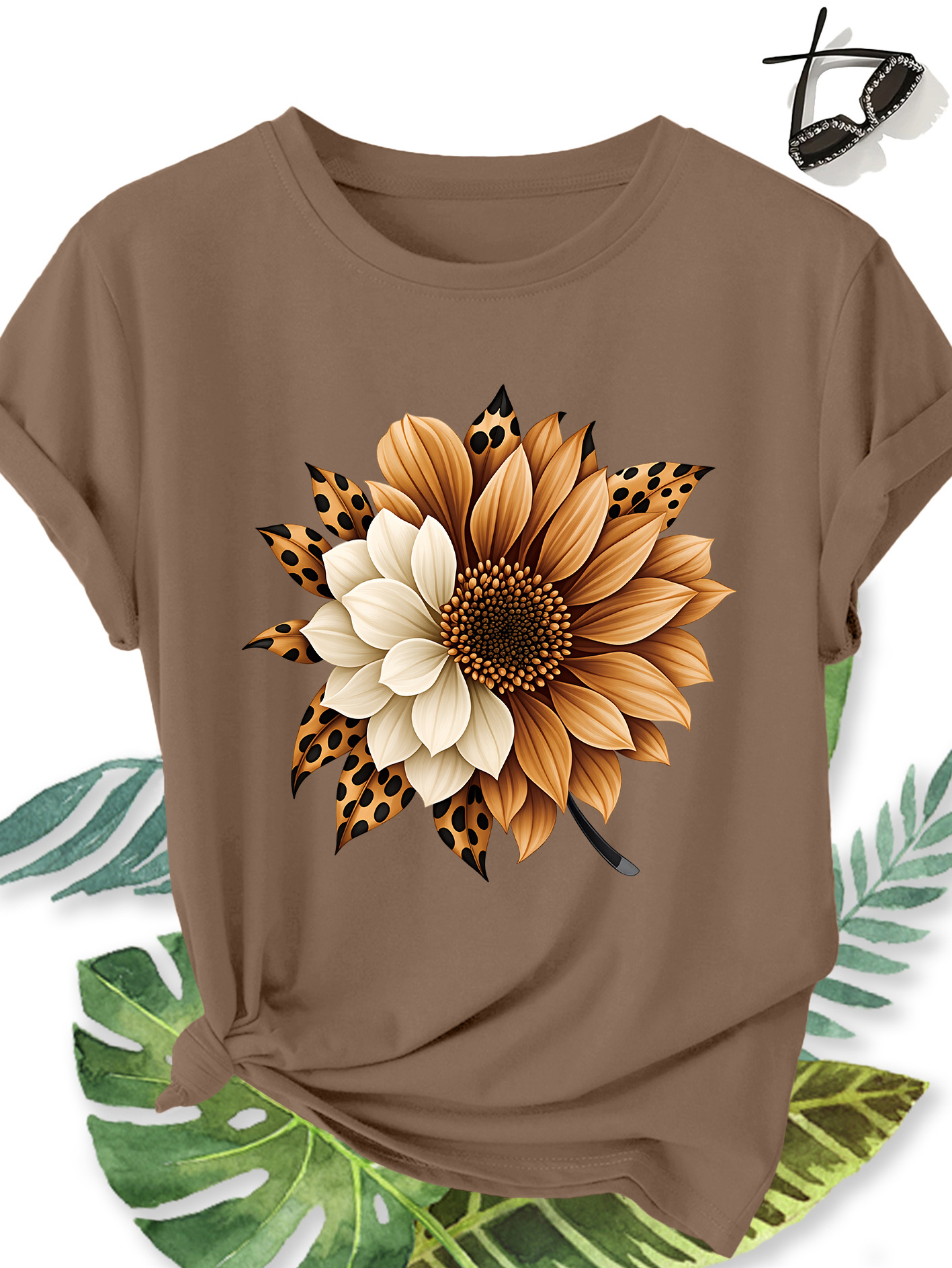 T-shirt Femme Tournesol — Motif Floral & Imprimé Léopard T-shirt Femme Élégant Grande Taille Manches Courtes, Motif Floral Tournesol et Imprimé Léopard, Col Rond Confortable Doux et Respirant, Nouvelle Collection Printemps Été, Cadeau Idéal, Haut Rétro Décontracté Tendance pour le Quotidien, les Voyages et les Trajets Domicile-Travail