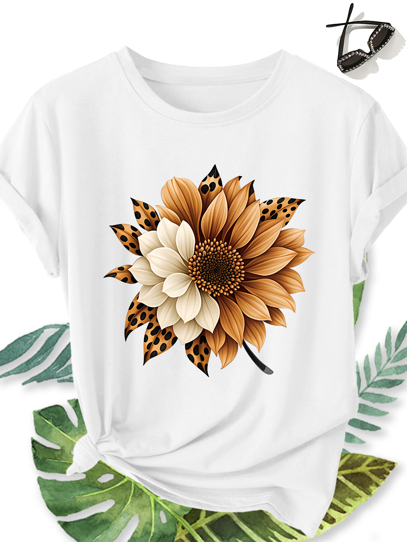 T-shirt Femme Tournesol — Motif Floral & Imprimé Léopard T-shirt Femme Élégant Grande Taille Manches Courtes, Motif Floral Tournesol et Imprimé Léopard, Col Rond Confortable Doux et Respirant, Nouvelle Collection Printemps Été, Cadeau Idéal, Haut Rétro Décontracté Tendance pour le Quotidien, les Voyages et les Trajets Domicile-Travail