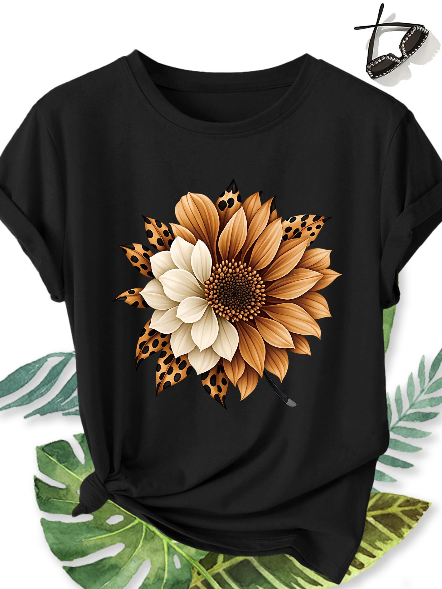 T-shirt Femme Tournesol — Motif Floral & Imprimé Léopard T-shirt Femme Élégant Grande Taille Manches Courtes, Motif Floral Tournesol et Imprimé Léopard, Col Rond Confortable Doux et Respirant, Nouvelle Collection Printemps Été, Cadeau Idéal, Haut Rétro Décontracté Tendance pour le Quotidien, les Voyages et les Trajets Domicile-Travail