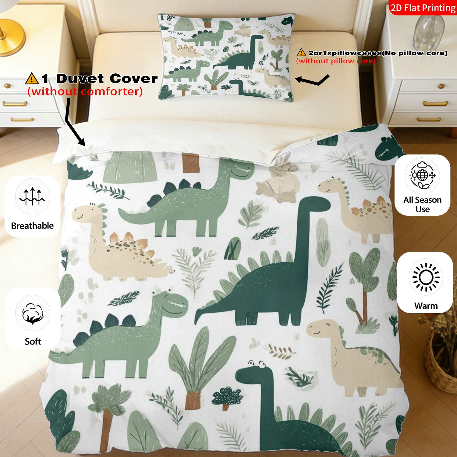 TEMU 2/3pcs 2d Flat Printing Cute Cartoon Dinosaur Quilt Cover Bedding Green Beige Dino Pattern Print Suitable For Occasions (1 Duvet Cover And 1/2