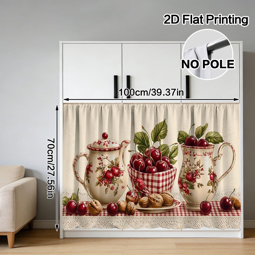 TEMU 2d Flat, 1pc Cabinet Curtain - Cherry Tea Set Display Pattern, Simple Hanging Style, , Washable, Stable Structure, Space-saving, Practical
