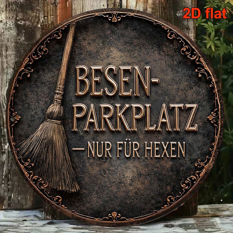 TEMU 2d Flat, 1pc Retro German Witch Broom Parking Space Round Wooden Decorative Hanging Sign, Suitable For Halloween Themed Parties, Witch-themed