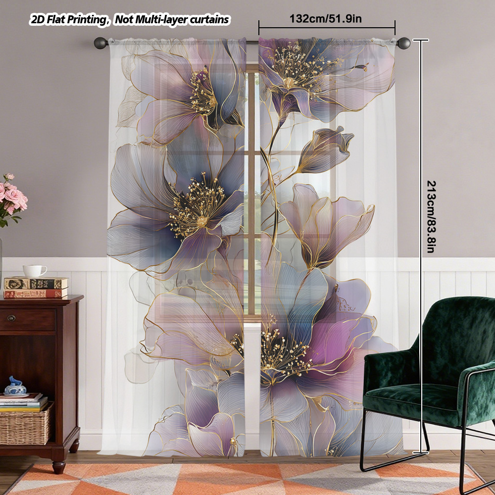 TEMU 2d Flat, 2pcs, 2d Flat Rod Pocket Window Screens - Fancy Elegant Purple Flowers Graphic, Digital Printed 100% Polyester Light Filtering Curtains