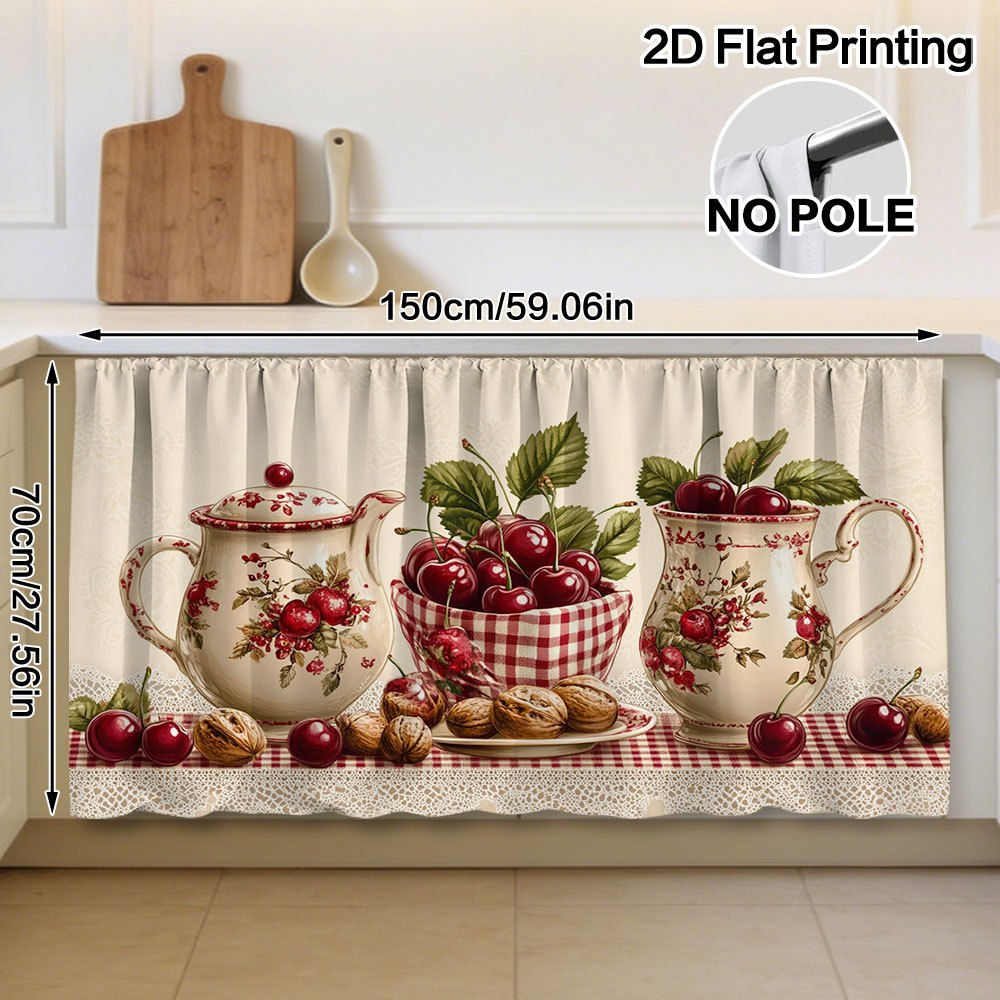 TEMU 2d Flat, 1pc Cabinet Curtain - Cherry Tea Set Display Pattern, Simple Hanging Style, , Washable, Stable Structure, Space-saving, Practical