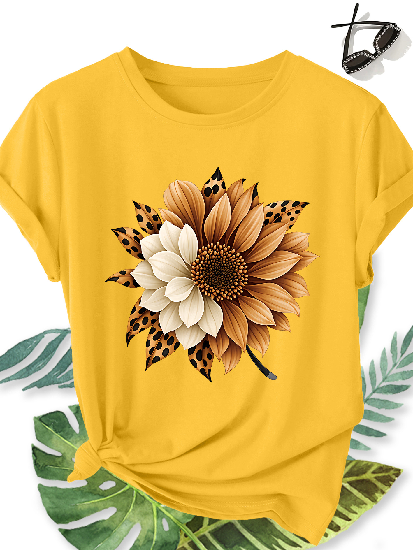 T-shirt Femme Tournesol — Motif Floral & Imprimé Léopard T-shirt Femme Élégant Grande Taille Manches Courtes, Motif Floral Tournesol et Imprimé Léopard, Col Rond Confortable Doux et Respirant, Nouvelle Collection Printemps Été, Cadeau Idéal, Haut Rétro Décontracté Tendance pour le Quotidien, les Voyages et les Trajets Domicile-Travail