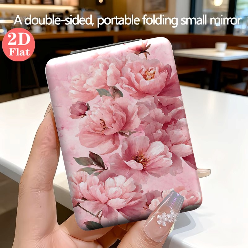 TEMU 1pc 1x/2x Magnifying Mirror Suitable For & - Floral Compact Foldable Mirror With Light, Portable Wallet-sized Double-sided Mirror For Travel,,